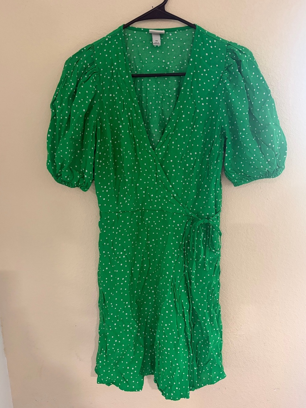 a new day Green Polka Dot Wrap Mini Dress with Puff Sleeves